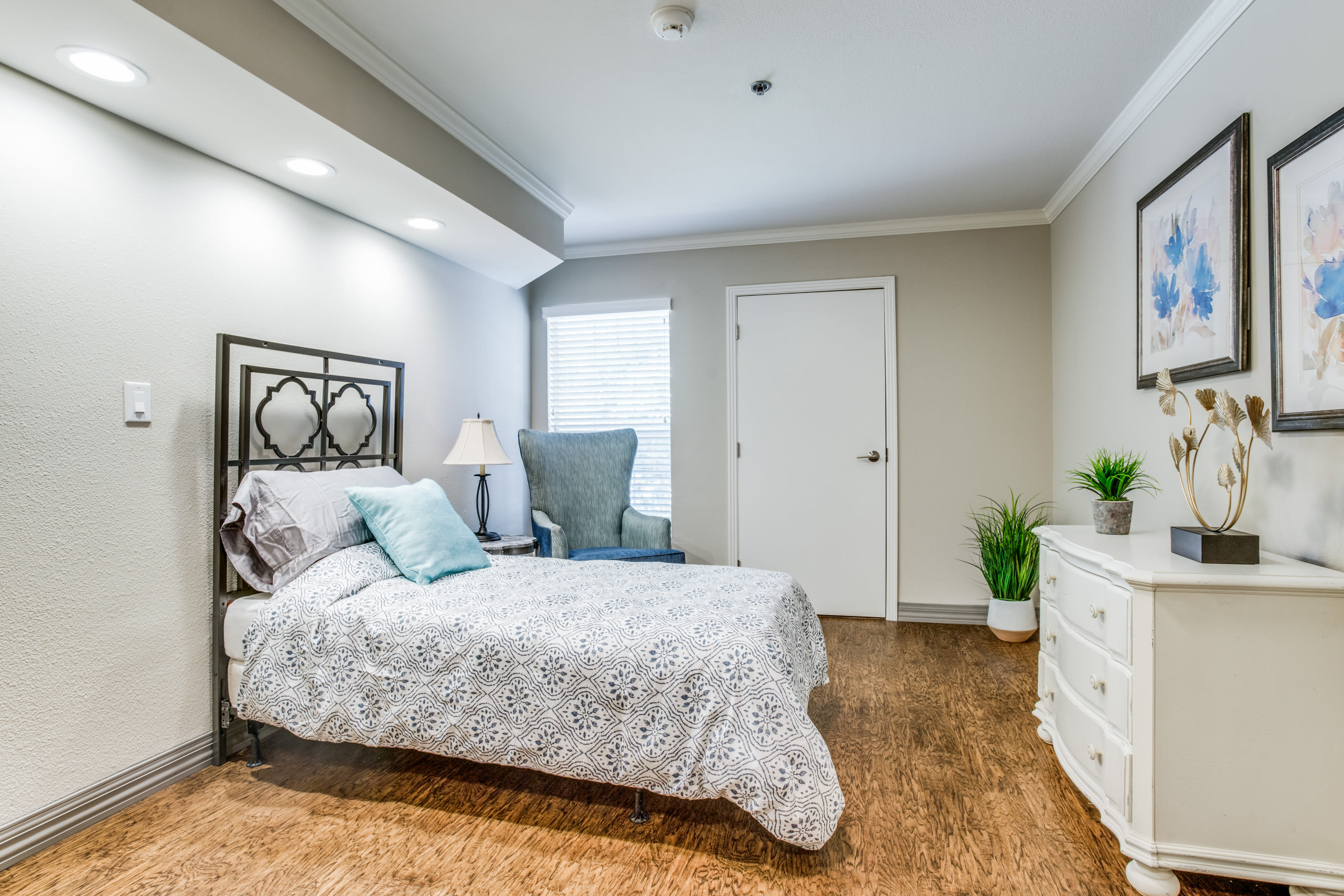 Beautiful resident bedroom at Iris Memory Care of Nichols Hills in Oklahoma City, Oklahoma