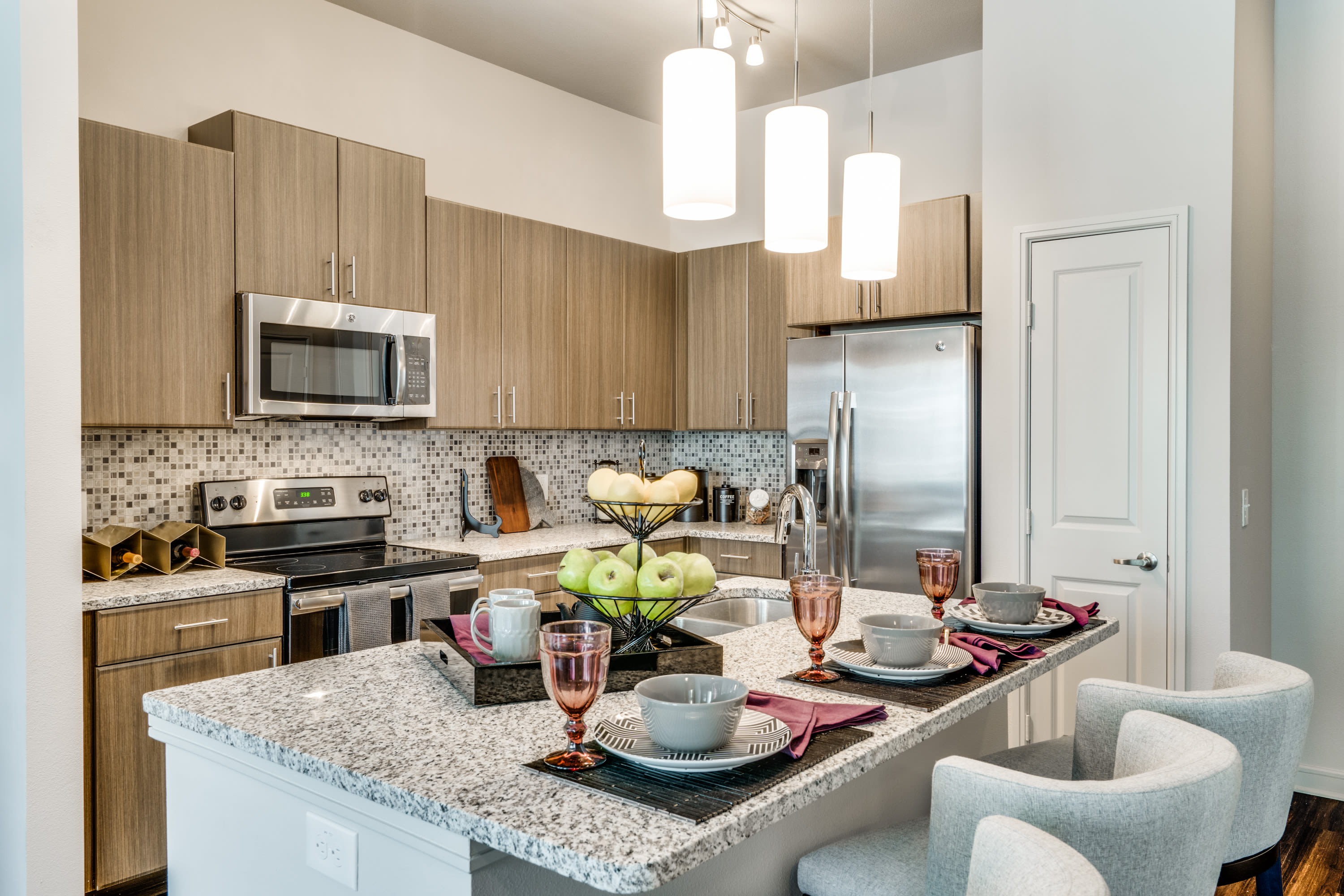 Model kitchen at 801 LasCo in Irving, Texas