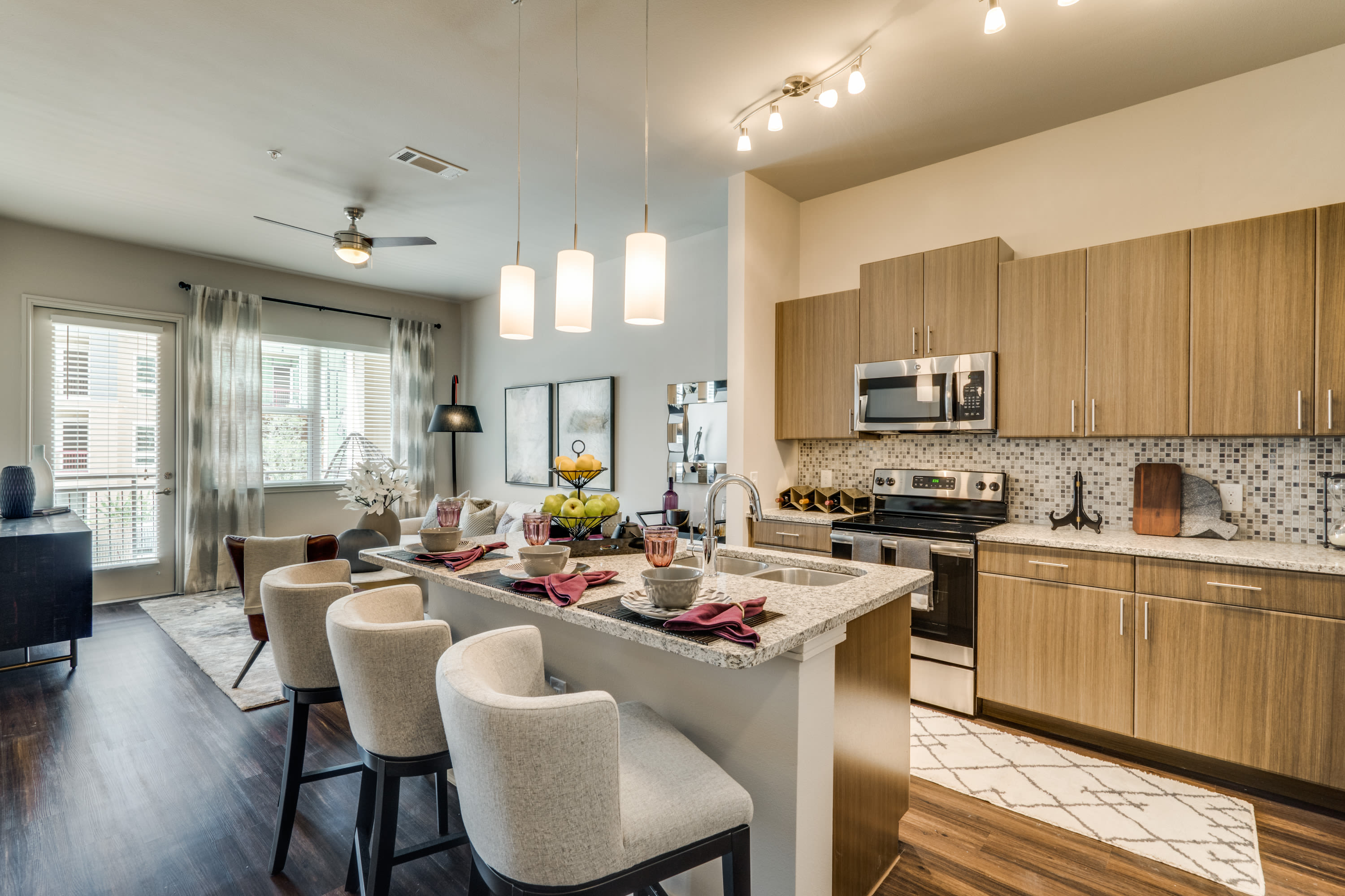 Modern kitchen with wood-style flooring at 801 LasCo in Irving, Texas