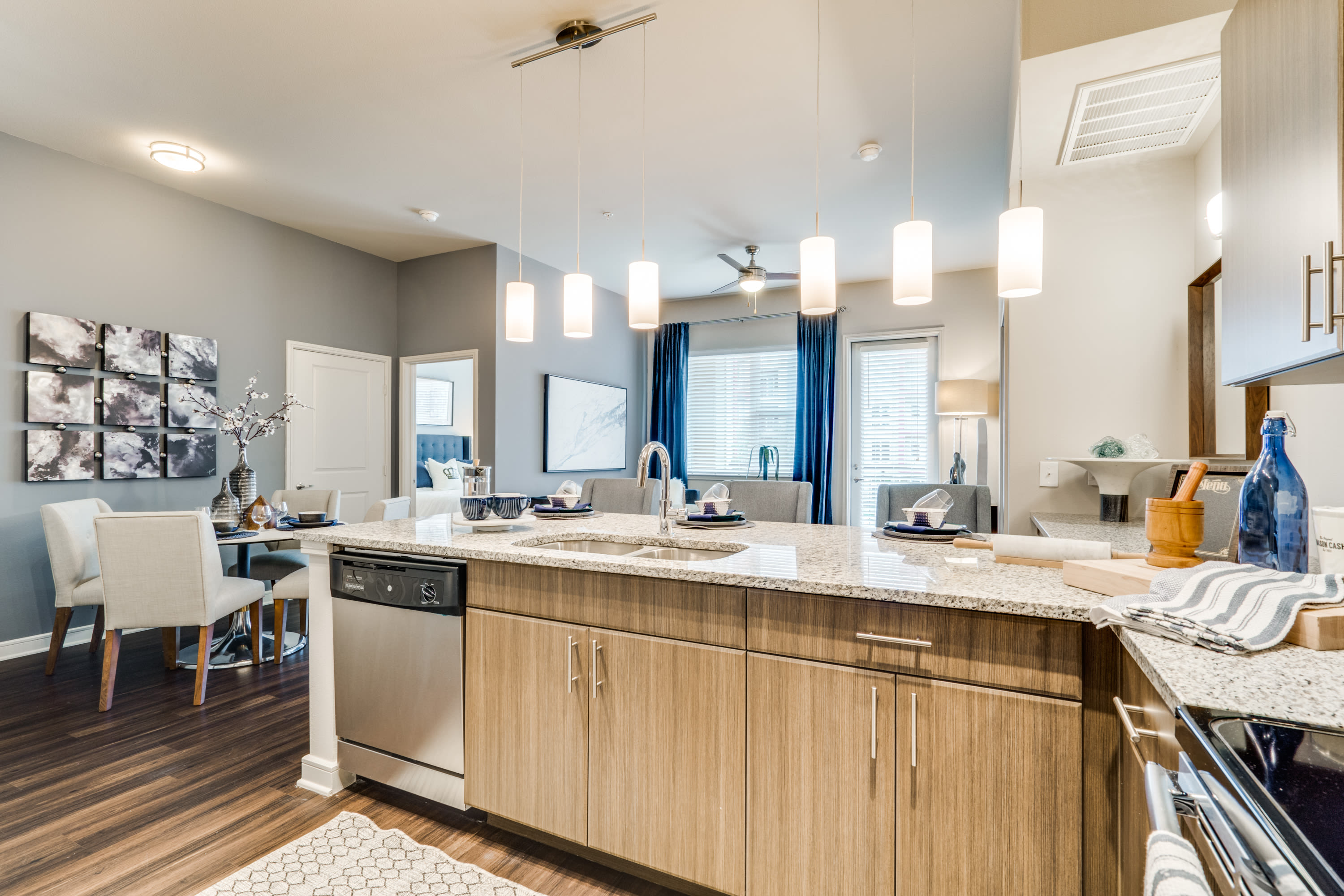 Wood-style cabinets at 801 LasCo in Irving, Texas