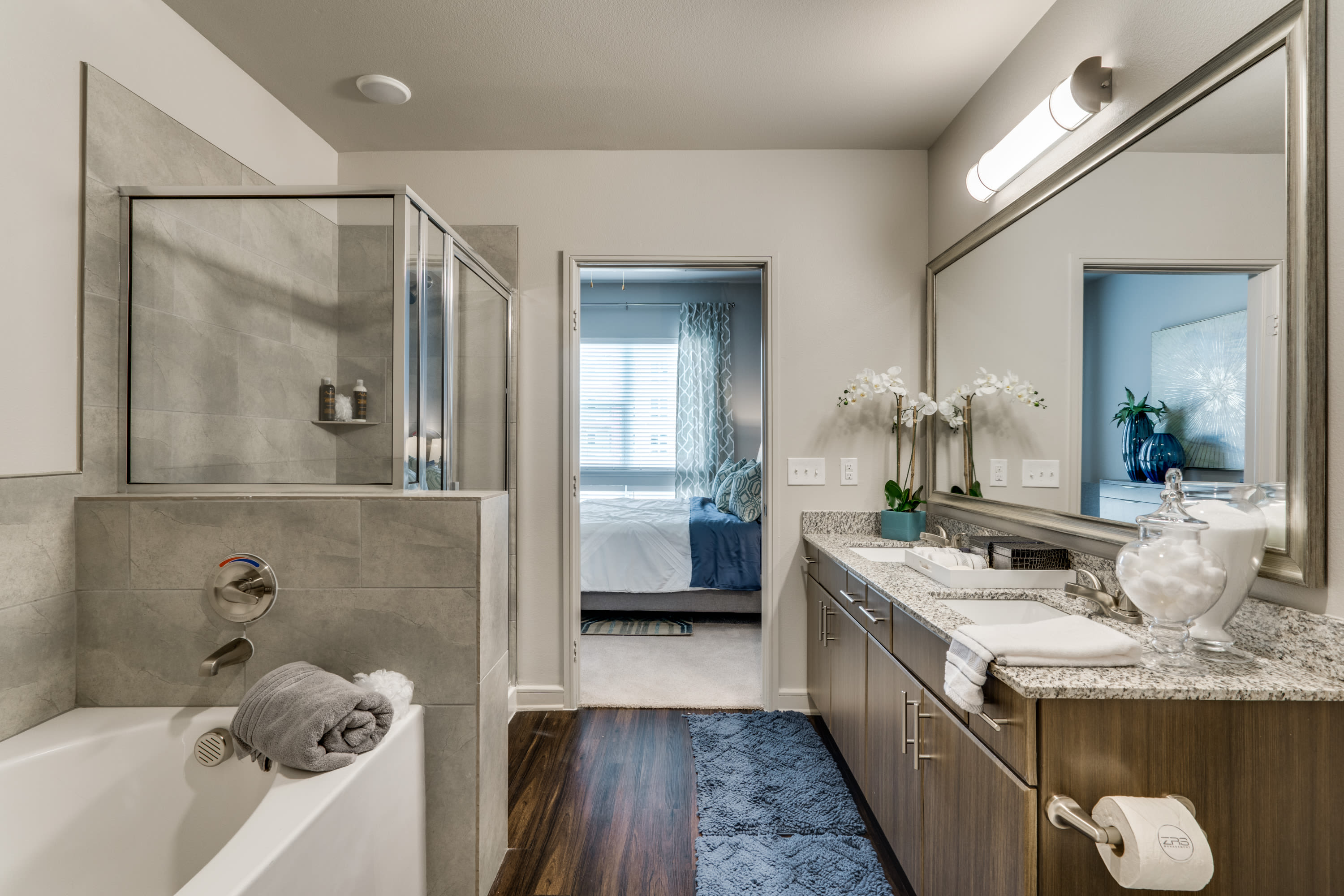 Luxurious model bathroom at 801 LasCo in Irving, Texas