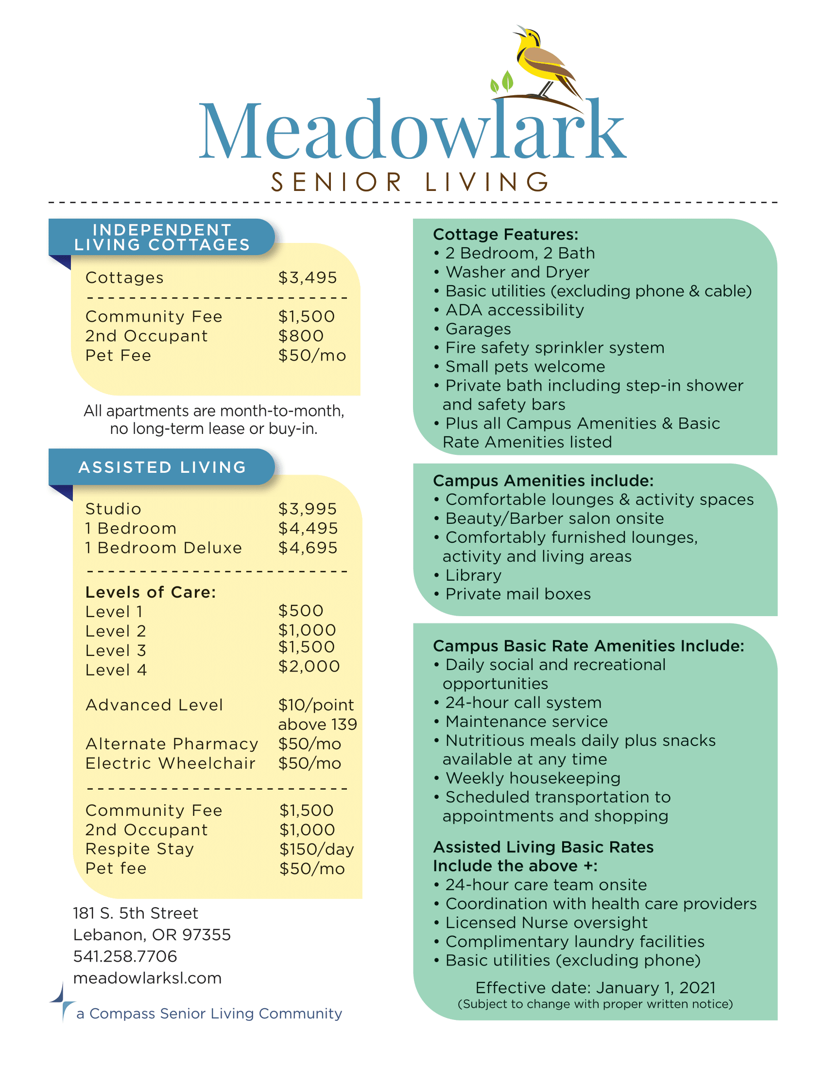 Meadowlark Senior Living rate sheet