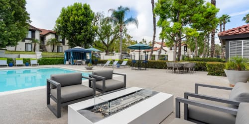 Firepit by the pool at Brookwood Villas in Corona, California