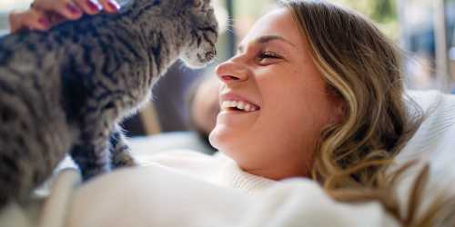 Resident playing with cat at Edge at Town Center in Jacksonville, Florida