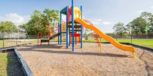 Colorful playground set with two slides and surrounded by trees at Mission Pointe in Jacksonville, Florida