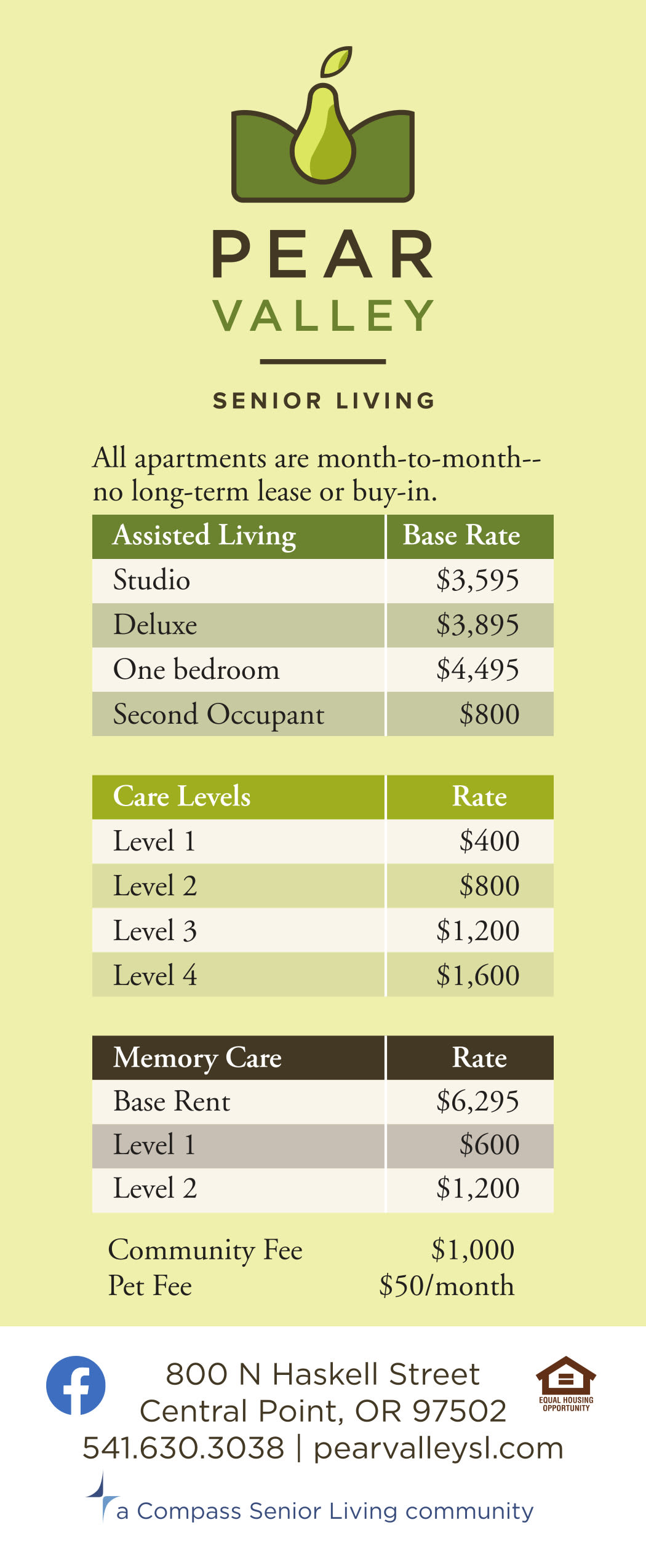 Rate sheet for Pear Valley Senior Living in Central Point, Oregon
