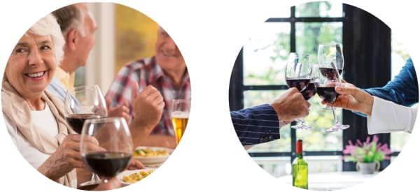 Seniors enjoying dinner with wine and toasting hands