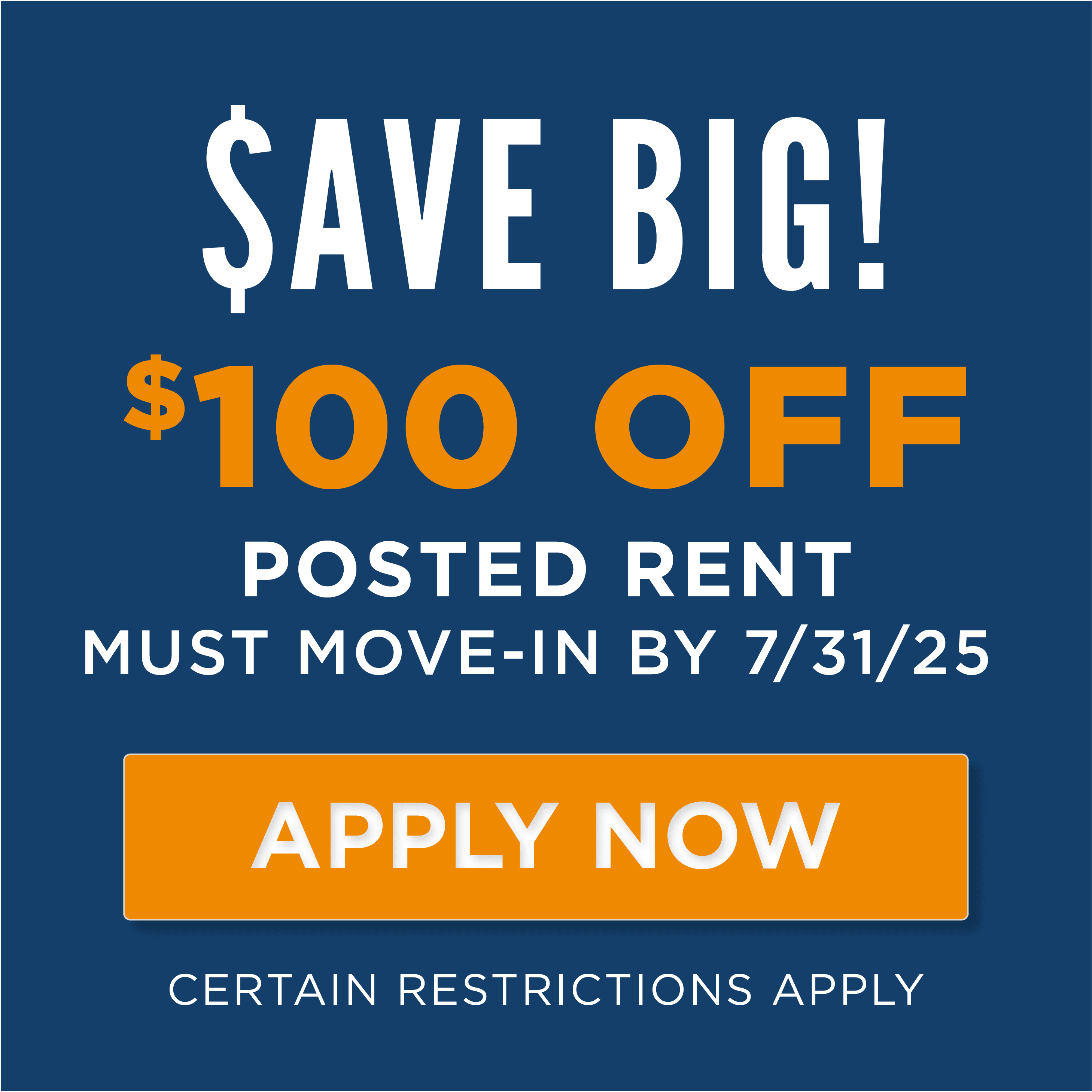 Save $100 dollars off posted rent