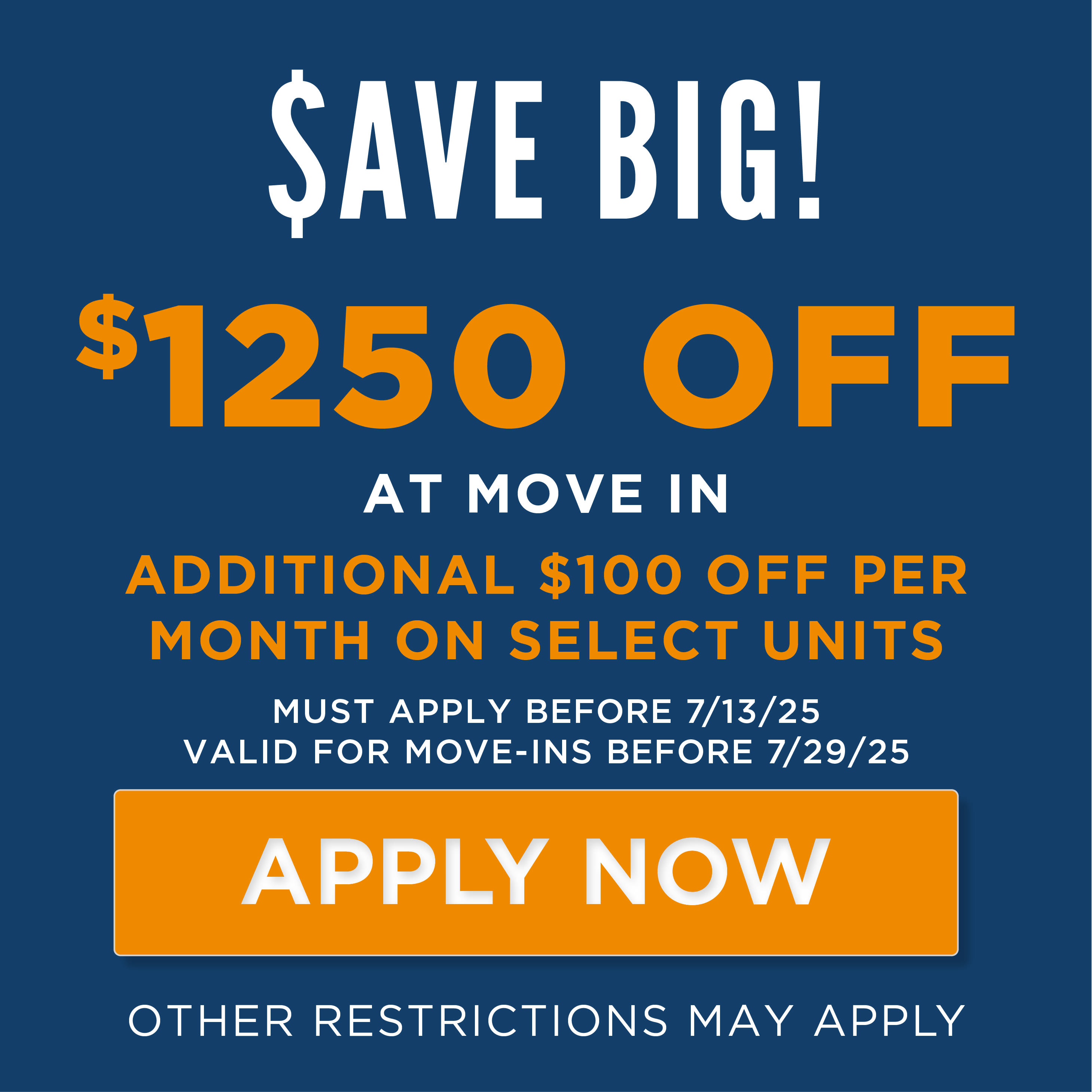 Save up to $1,250 off move-in costs to select Iron Ridge units, plus an additional $100 monthly discount for your entire lease term on select units. Must apply by July 13th and move in by July 29th, 2025.