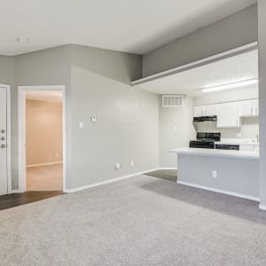 Spacious living room area and kitchen at Lakeview in Fort Worth, Texas