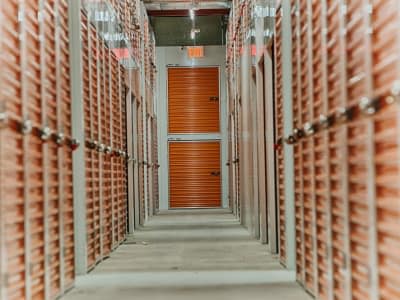 Hallway of storage units at Clutter Self-Storage in Brooklyn, New York