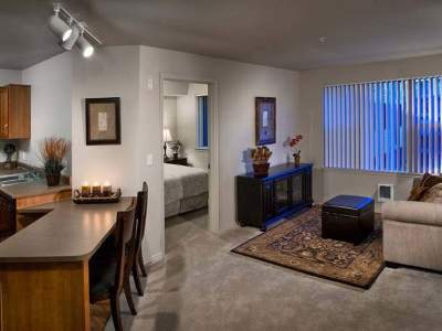 Spacious living room with plush carpeting at at The Blakely in Shoreline, Washington