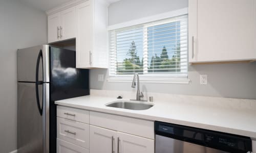 Kitchen with stainless-steel appliances at Creekside Park Apartments in Napa, California