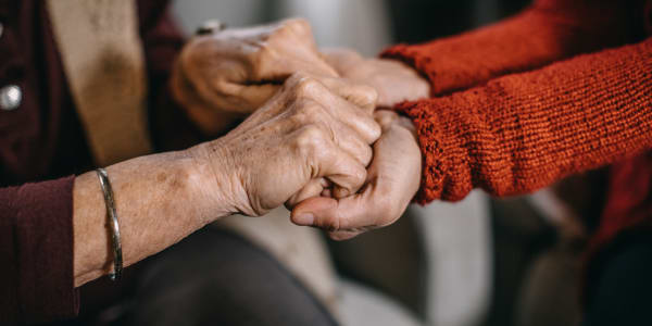 Resident holding hands with a caretaker at a WISH community 