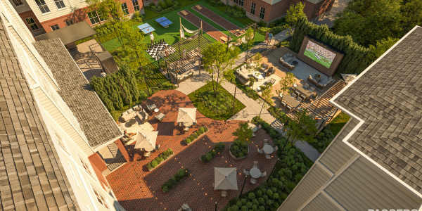 court yard with giant tv and seating at Mazza Grandmarc in College Park, Maryland n