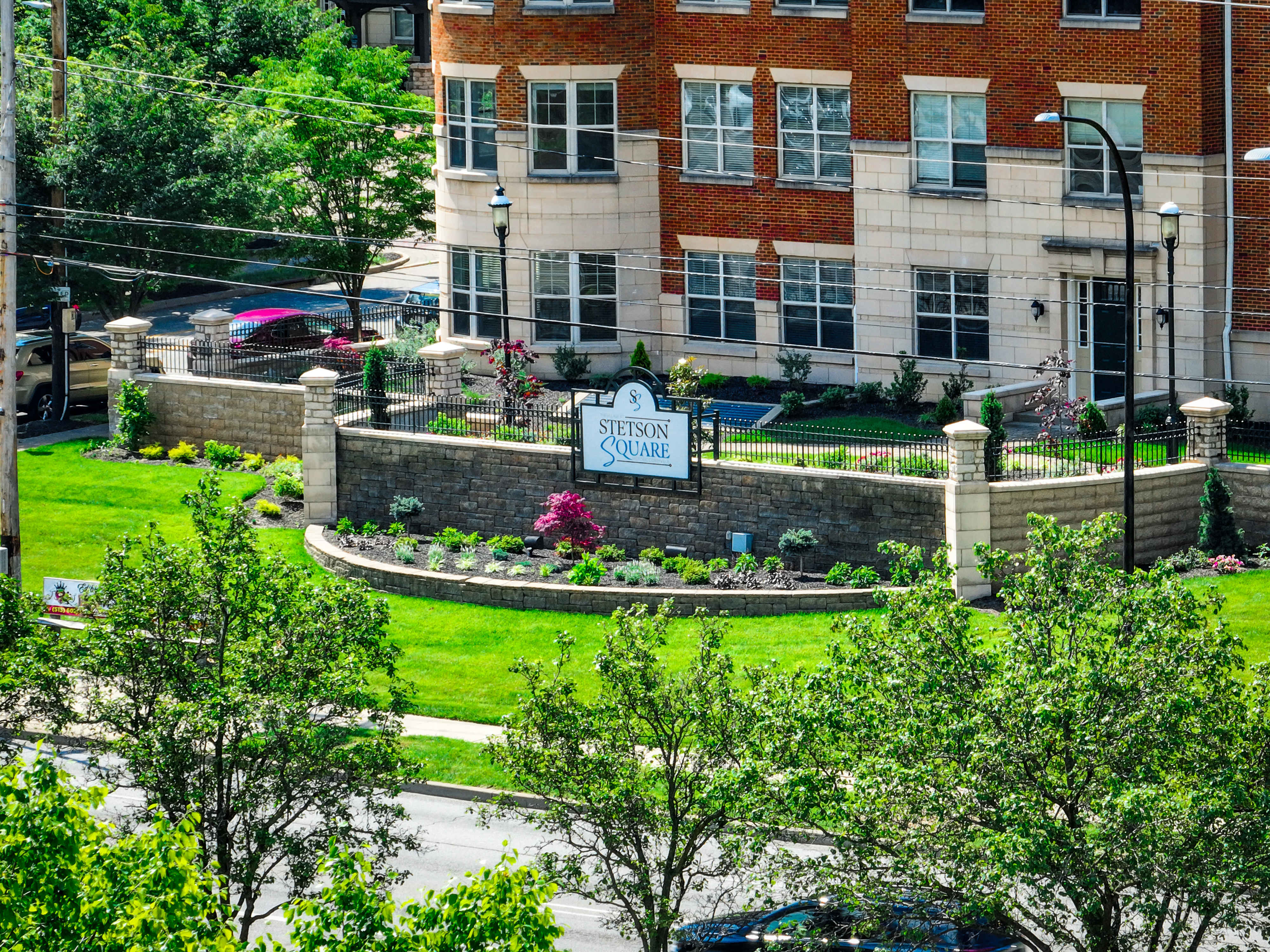 Aerial photo of the entrance sign at The Village at Stetson Square in Cincinnati, Ohio