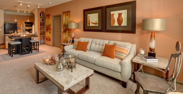 Spacious living room in model apartment home at The Addison at South Tryon in Charlotte, North Carolina