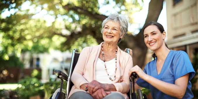 Resident and caretaker looking at The Barclay at Charlottesville in Charlottesville, Virginia
