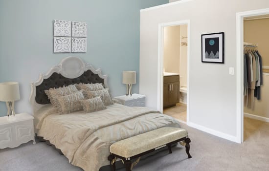 A furnished bedroom at Timberlawn Crescent in North Bethesda, Maryland