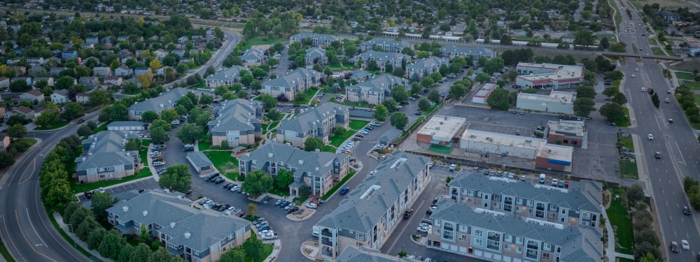 An aerial view of Hawthorne Hill Apartments in Thornton, Colorado