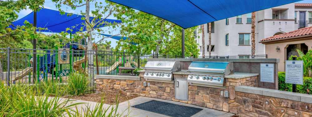 The barbecue station, near the swimming pool at Palisades Sierra Del Oro in Corona, California