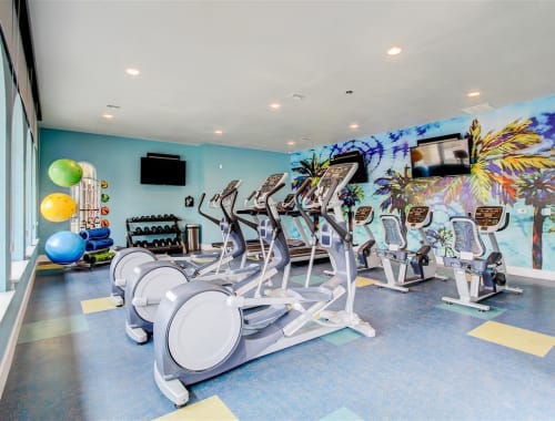Resident fitness center with elliptical and spin bikes at The Palms at Morada in Stockton, California