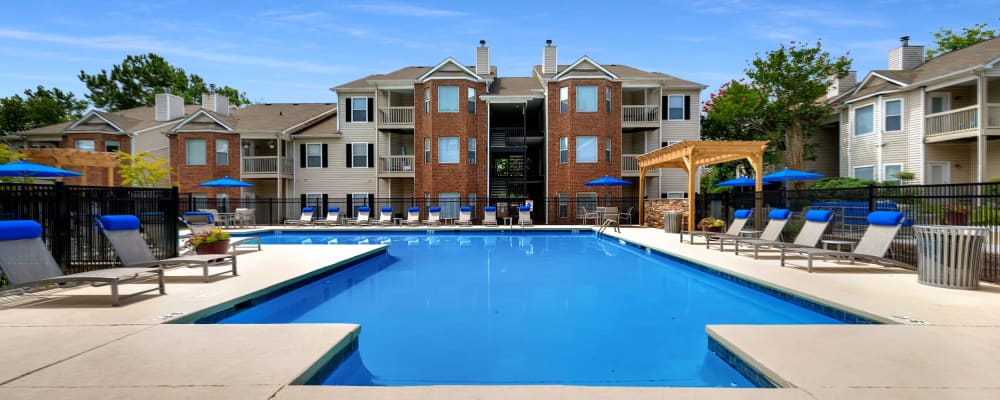 Aerial view of the community swimming pool at Chace Lake Villas in Birmingham, Alabama