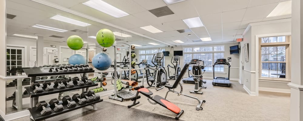 Exercise equipment in the fitness center at Park at Kingsview Village in Germantown, Maryland