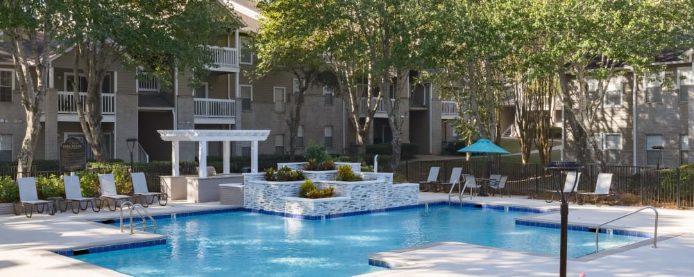 The community swimming pool at night at Gates at Jubilee in Daphne, Alabama