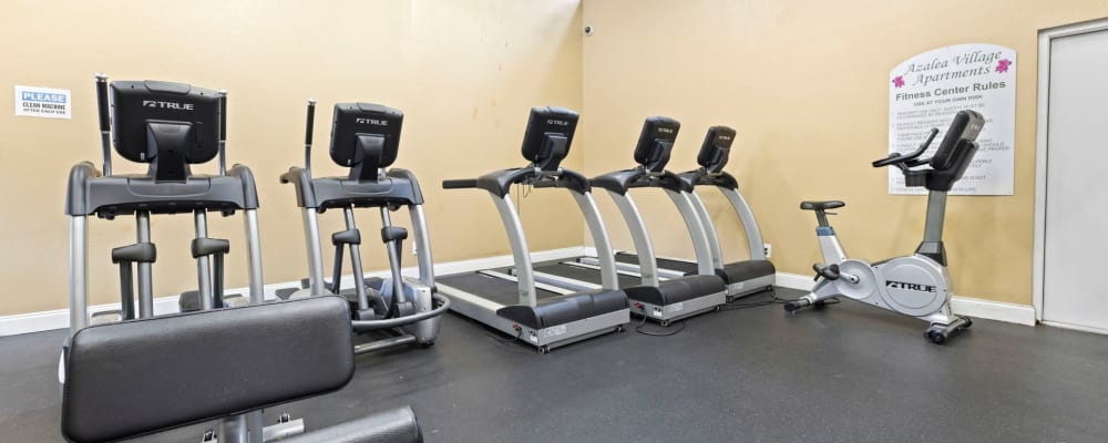 A row of treadmills at Azalea Village in West Palm Beach, Florida