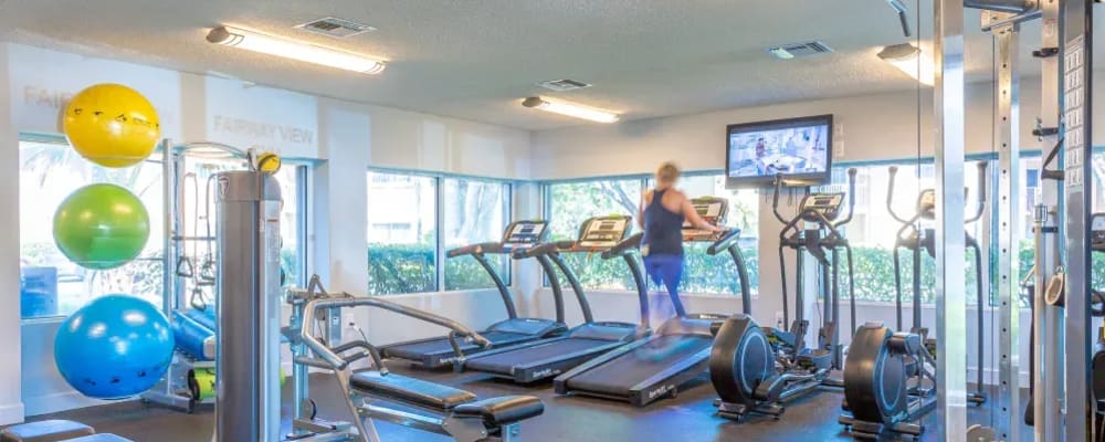 Exercise equipment in the fitness center at Fairway View in Hialeah, Florida