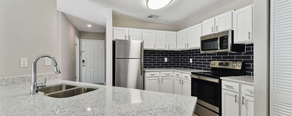 Tan kitchen cabinets in an apartment kitchen at Mode at Ballast Point in Tampa, Florida