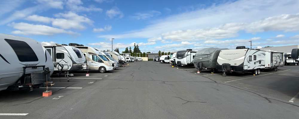 RVs parked for storage during the off season at Canby RV & Boat Storage in Canby, Oregon