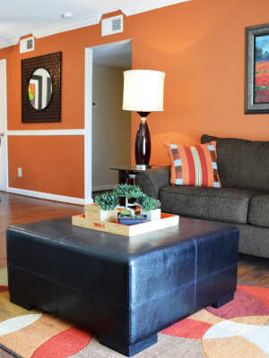 Model living rooms at The Abbey at Riverchase in Hoover, Alabama