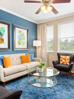 Modern living room at The Abbey on Lake Wyndemere in The Woodlands, Texas