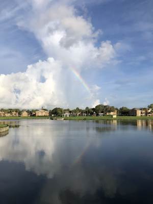 Lush landscaping with a man-made lake at The Abbey At Northlake in Riviera Beach, Florida