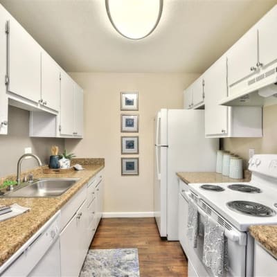 Light color scheme in the kitchen of a model home at Sofi Union City in Union City, California