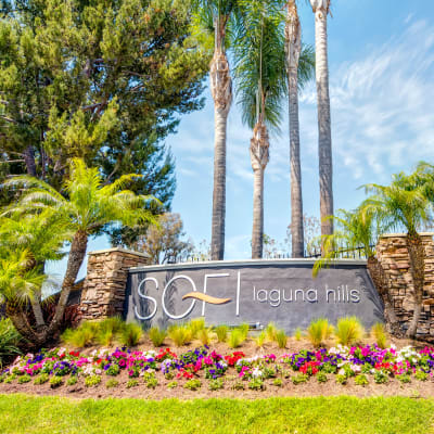 Monument sign welcoming everyone to Sofi Laguna Hills in Laguna Hills, California