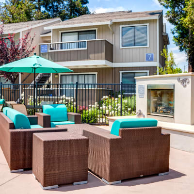 Lounge area by the fire pit at Sofi Berryessa in San Jose, California