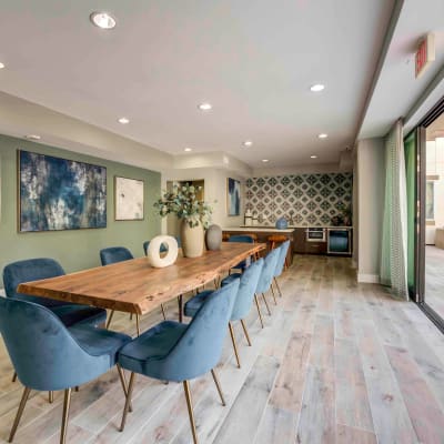 Expansive meeting room near the exterior courtyard at Sofi at Topanga Canyon in Chatsworth, California