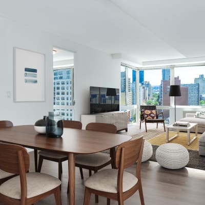 Living room with wood style flooring at The Ventura in New York, New York