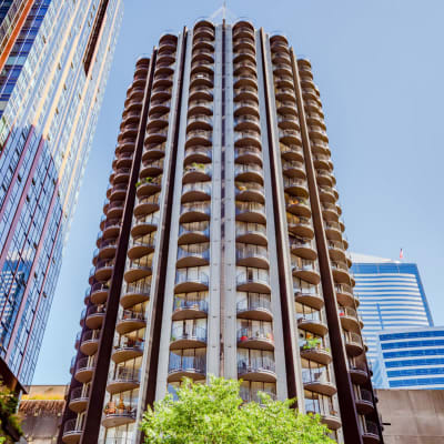 Exterior view of our high-rise property, looking up from ground level at Tower 801 in Seattle, Washington