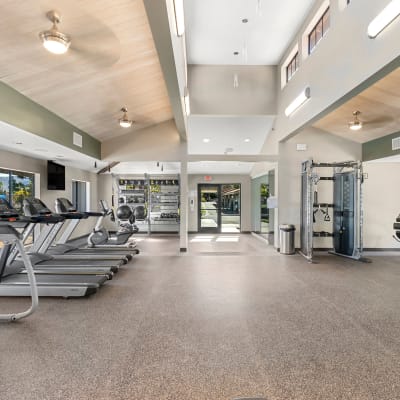 Exercise machines and free weights in the fitness center at Sofi at Wood Ranch in Simi Valley, California