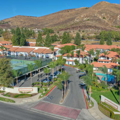 View of the neighborhood from a very cool above shot near Sofi at Wood Ranch in Simi Valley, California