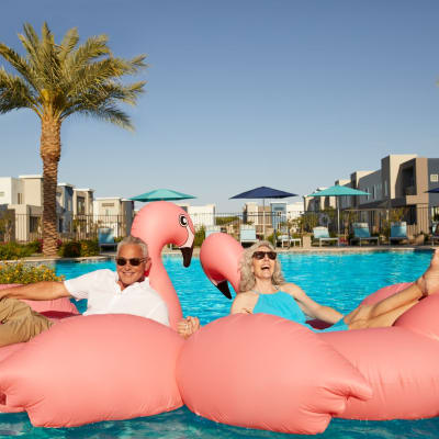 Cute couple lounging in the pool on some floaty flamingos at BB Living in Scottsdale, Arizona