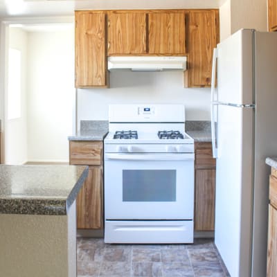 Fully equipped kitchen at Sea Breeze Village in Seal Beach, California