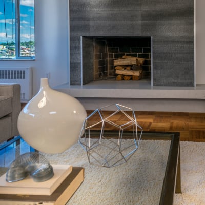 Modern fireplace and luxury living room at Panorama Apartments in Seattle, Washington