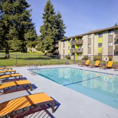 Pool area at Terra Apartment Homes in Federal Way, Washington