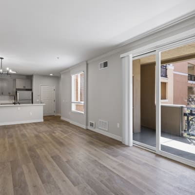 Dining and living areas in a model home at Villa Del Sol in Sunnyvale, California