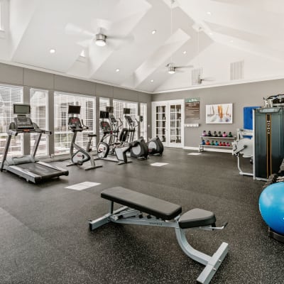 Nice fitness center with cardio machines and medicine balls at Greenwood Plaza in Centennial, Colorado